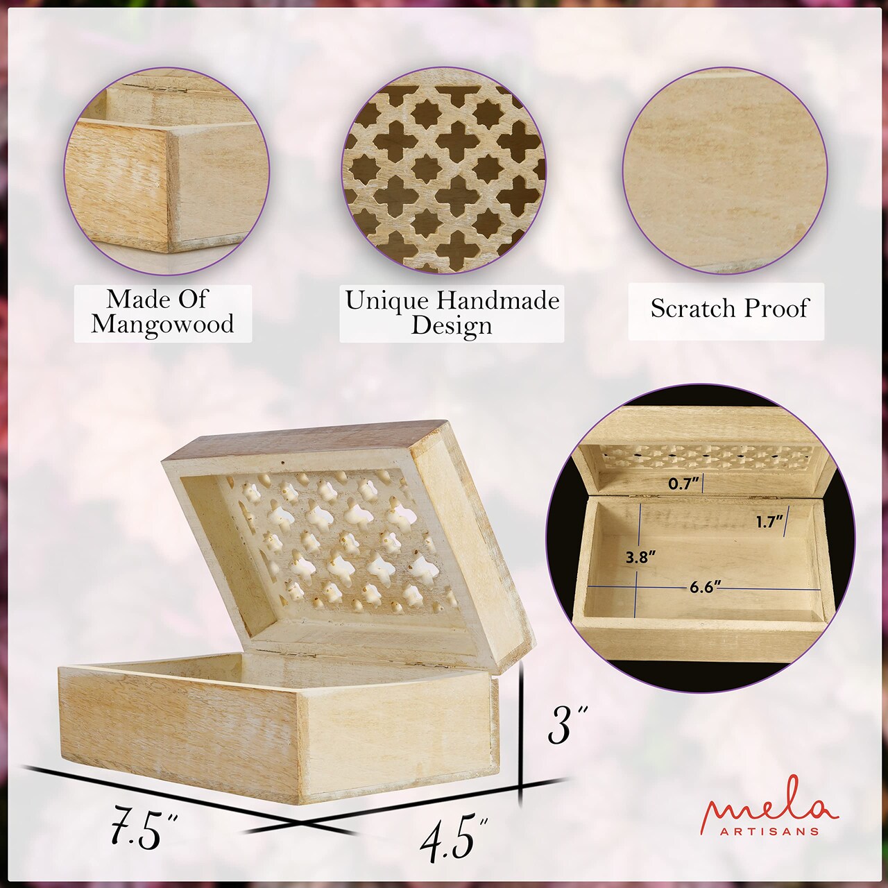 Decorative Storage Box with Hinged Lid - Whitewash, Medium | 7.5” x 4.5” x 3” | Rustic Trellis Design | Mango Wood Crafted | Ideal for Keepsakes, Trinkets, Jewelry and Other Stash